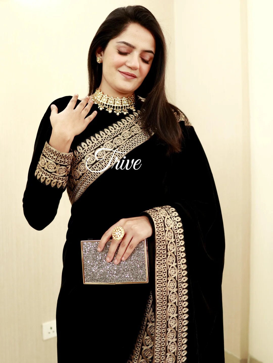 Made to Order Indian Designer Black Velvet Saree Lehenga