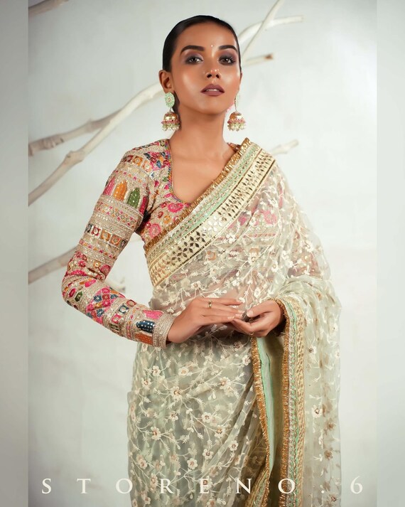 Made to Order Indian Designer Ivory With Multi Color Embroidered Multi Color  Saree Lehenga Blouse Round Neck Full Length Sleeves Blouse - Etsy