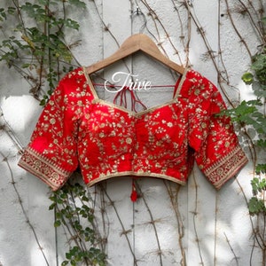 Made To Order Indian Designer Red Embroidered Silk Saree Lehenga Blouse Deep V Neck Elbow Length Sleeves .