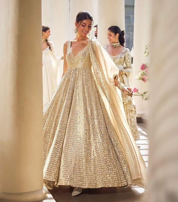 golden Anarkali gown zari cutwork Pakistani wedding Bridal party Dress style mehndi nikkah suit Indian dresses outfit made to order