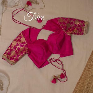 Made To Order Indian rani pink Brocade Silk sweetheart Neck Saree Lehenga Blouse elbow sleeves.