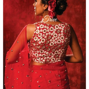Made to Order Indian Saree Lehenga Designer Red Blouse With Embroidered net Fabric, Sleeveless U Neck Custom Made Blouse