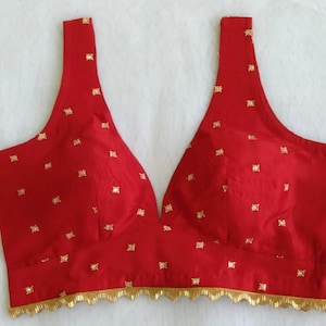 Made to Order Indian Saree Lehenga Designer Red Blouse With Embroidered Silk Fabric, Sleeveless Sweetheart Neck Bollywood Blouse