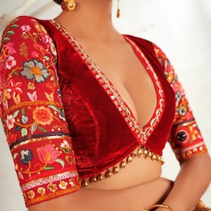 Made To Order Indian Designer red velvet Saree Lehenga Blouse Deep V Neck Elbow Length Sleeves blouse