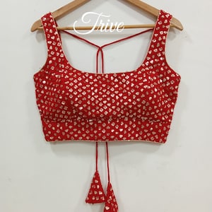 Saree Lehenga Blouse Made To Order Indian Designer Red choli cut Embroidered Georgette round Neckline sleeveless style blouse