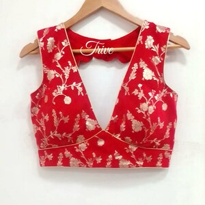 Made To Order Indian Red Brocade Silk Deep V Neck  Saree Lehenga Blouse Sleeveless