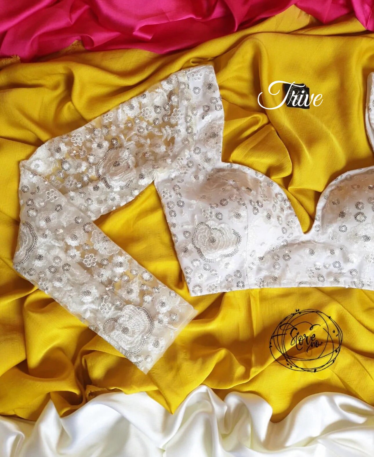 Made To Order Indian Designer Off White Embroidered Net Saree Lehenga Blouse Deep Sweetheart Neck Long Length Sleeves .