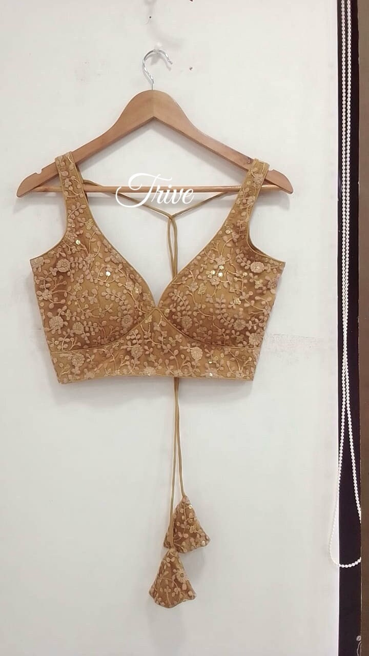 Gold Sequin Embroidered Saree Blouse, Indian Bridal Choli, Deep Sweetheart Neck Blouse, Sleeveless Lehenga Top, Custom Made Ethnic Wear