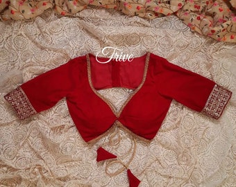 Made To Order Indian Designer red SilkSaree Lehenga Blouse Deep Sweetheart  Neck Elbow Length Sleeves blouse