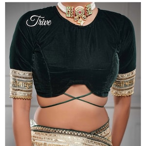 Made To Order Indian Designer green Velvet Saree Lehenga Blouse Elbow Length Sleeves blouse with Trim