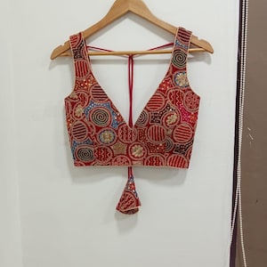 Saree Lehenga Blouse Made To Order Indian Designer Red Embroidered Georgette Choli cut Blouse With Multi color Thread Sweetheart Neckline