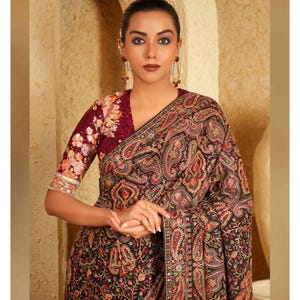 Made To Order Indian Designer  maroon Embroidered Saree Lehenga Blouse Sweetheart Neck Elbow Length Sleeves .