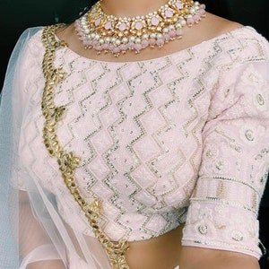 Made to Order Indian Saree Lehenga Designer Pink  Lucknowi Embroidered Georgette Elbow Sleeves Blouse With Boat neck line Neck