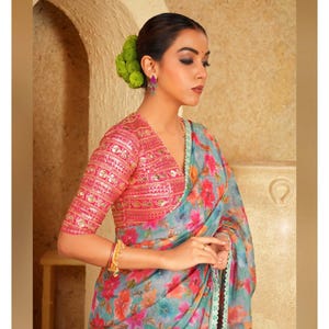 Made To Order Indian Designer  Rani pink Embroidered  Saree Lehenga Blouse Deep  Neck Elbow Sleeves Choli Cut Blouse