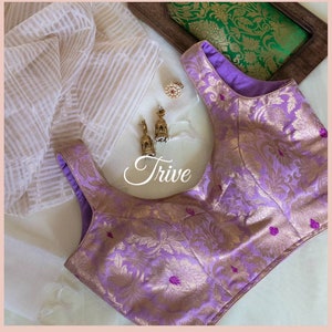 Saree Lehenga Indian Blouse lavender Brocade Silk round Neck sleeveless Blouse Made To Order