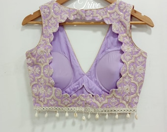 Made to Order Indian Saree Lehenga Designer lavender Blouse With Lucknowi Embroidered Georgette Fabric, Sleeveless Deep V Neck