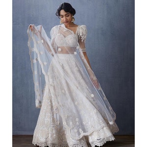 Indian Lehenga Off White Georgette Embroidered Fully Flared Wedding Bridal Bridesmaid Lehenga