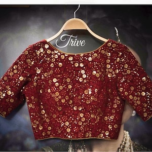 Saree Lehenga Blouse Made To Order Indian Designer Maroon Embroidered Net Round  Neck Blouse Elbow sleeves