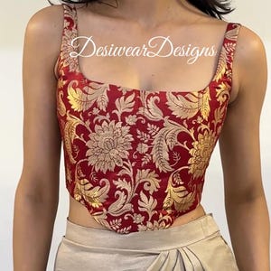 Made To Order Indian Maroon Brocade Silk Sleeveless Saree Lehenga Corset Blouse