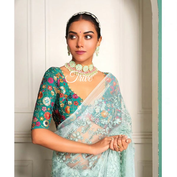 Women's Silk Blend Turquoise Blue Printed Designer Saree With Blouse Piece