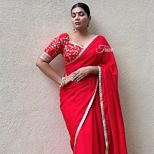 Made To Order Indian Designer red Embroidered Silk Saree Lehenga Blouse Deep V Neck Elbow Length Sleeves .