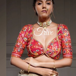 Made To Order Indian Redi  Embroidered Multicolor Georgette Choli Cut Blouse Lehenga Blouse Elbow Length Sleeves Deep Sweetheart Neckline