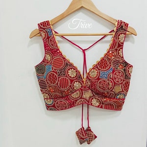 Saree Lehenga Blouse Made To Order Indian Designer Red Embroidered Georgette Choli cut Blouse With Multi color Thread Sweetheart Neckline