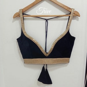 Made To Order Indian Designer Black Velvet Saree Lehenga Blouse Deep Neck Sleeveless  blouse with Trim