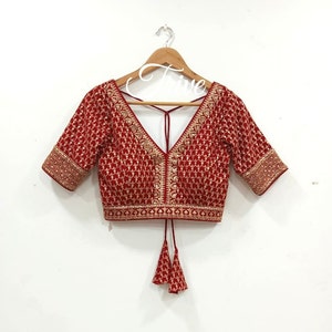 Made To Order Indian Red Sabyasachi Embroidered Georgette Choli Cut Blouse Lehenga Blouse Elbow Length Sleeves V Neckline