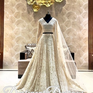 Indian Lehenga Off White Georgette Embroidered Fully Flared Wedding Bridal Bridesmaid Lehenga