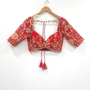 Made To Order Indian Redi  Embroidered Multicolor Georgette Choli Cut Blouse Lehenga Blouse Elbow Length Sleeves Deep Sweetheart Neckline
