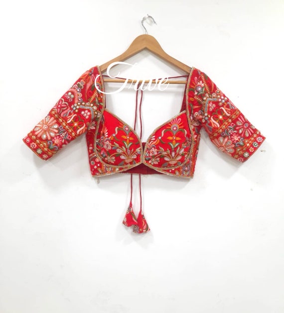 Buy Made to Order Indian Redi Embroidered Multicolor Georgette Choli Cut  Blouse Lehenga Blouse Elbow Length Sleeves Deep Sweetheart Neckline Online  in India - Etsy