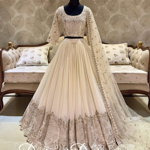 Indian Lehenga Off White Georgette Embroidered Fully Flared Wedding Bridal Bridesmaid Lehenga
