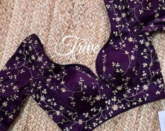 Made To Order Indian Designer Purple Embroidered Silk Saree Lehenga Blouse Deep V Neck Elbow Length Sleeves .