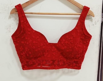 Red Embroidered Net sequin Saree Blouse, Indian Bridal Choli, Deep Neck Blouse, Sleeveless Lehenga Top, Custom Made Ethnic Wear
