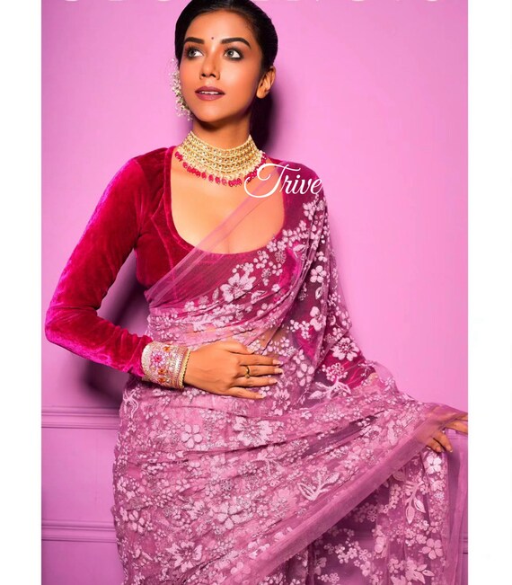 Made to Order Indian Designer Rani Pink Velvet Saree Lehenga Blouse Boat  Neck Full Sleeves Blouse With Gold Trim - Etsy