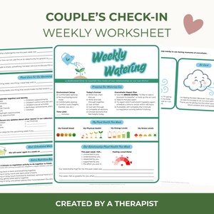 以下が含まれることがあります： 「Couple's Check-In」と題された週刊ワークシート。人間関係の課題、植物の世話、週間のスケジュールに関するセクションがあります。デザインには、じょうろのグラフィックと「Created by a Therapist」というテキストが含まれています。