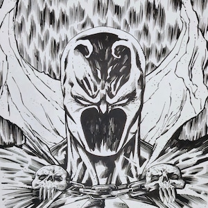 以下が含まれることがあります： 肩に頭蓋骨をつけた漫画のキャラクターの白黒のイラスト。キャラクターは、大きく、脅威的な顔で、口が大きく、歯が鋭い。キャラクターはマントと首に鎖をかけている。