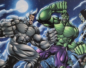 Impression de bande dessinée Rhinocéros contre l'incroyable Hulk signée Guy Dorian Sr.