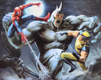 Spiderman & Wolverine vs Rhino Comic Kunstdruck signiert Guy Dorian Sr.