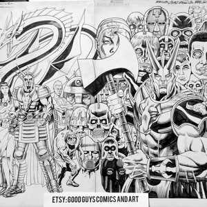 May include: Black and white comic book illustration featuring a dragon, a warrior with a sword, and a group of characters with various expressions. The illustration is titled "REMEMBER: Hunt Down Dr. Ares the Destroyer".