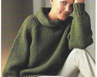 Knitting Pattern - PDF pattern download for - Easy Knit Raglan Pullover with Turtleneck - Sizes XS-L - Knit on 8mm Needles