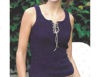 Knitting Pattern - PDF pattern download for - Tank Top with Seed Stitch pattern Laced Opening - Denim Cotton