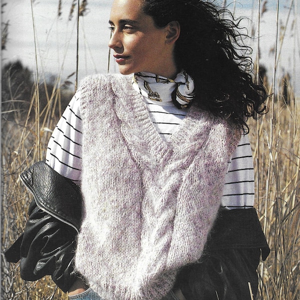 Mohair Strickmuster - PDF download für Mohair Combo Pullover Weste mit mittlerem Zopfmuster - Erwachsene Größe S - XL