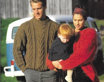 Mohair or Wool Family TRIO Pullovers and Cardigan - PDF pattern download  - Unisex Adult - Small, Medium, Large and X-Large - Child Size 2-8