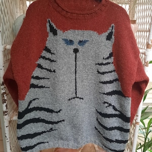 Peut inclure: Un pull en tricot à manches longues présentant un grand motif central représentant un chat gris avec des rayures noires, des yeux bleus et un nez noir. La partie supérieure du pull et les manches sont d'une couleur orange rouille unie.