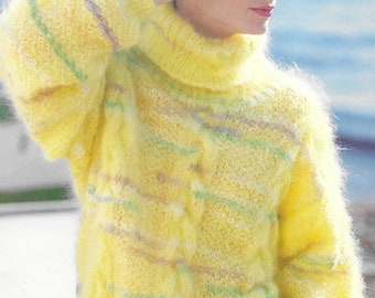 Mohair Sweater Knitting Pattern  - PDF pattern download for Turtleneck Long Pullover -  6 Sizes 36 to 45 inches finished bust