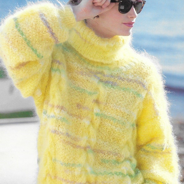 Mohair Sweater Knitting Pattern  - PDF pattern download for Turtleneck Long Pullover -  6 Sizes 36 to 45 inches finished bust