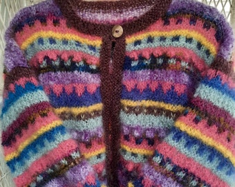 Stand out in HandKnit Mohair Cardigan ORIGINAL Design and Color Combo - Knit with 78% mohair - Add Color to your Spring - Length 23"