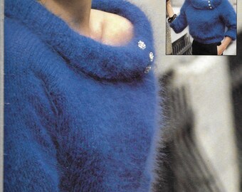 Mohair Knitting Pattern  - PDF pattern download for RETRO  Short/Cropped  off the Shoulder Mohair Pullover - Sizes S,M,L